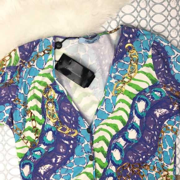 Blumarine Sweaters - BLUMARINE Chain Printed Embroidered Jewel Cardigan